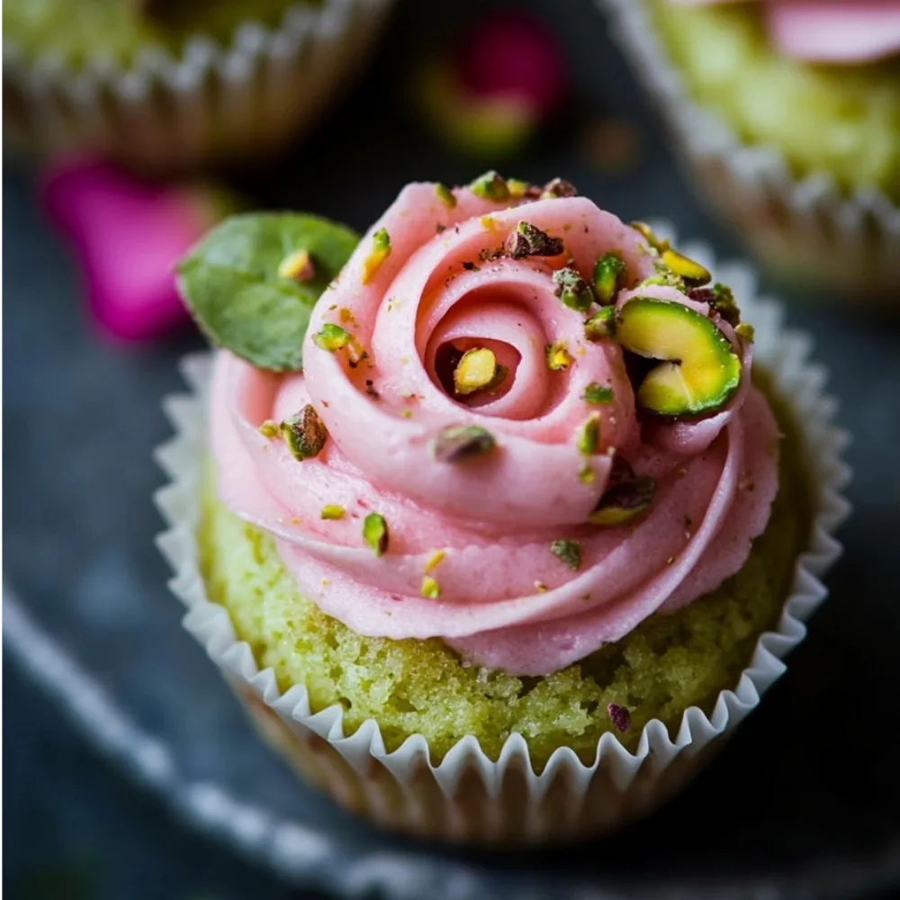 Mini Rose Pistachio Cupcakes