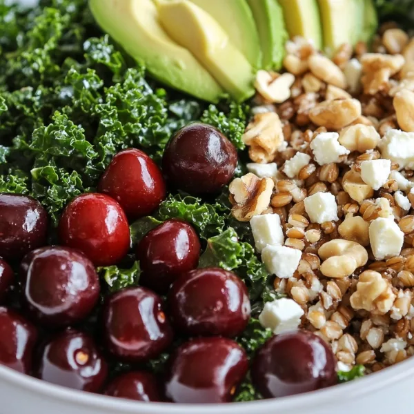 Cherry Kale Salad with Farro, Avocado, Feta, and Cherry Balsamic Vinaigrette
