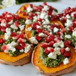 Roasted Sweet Potatoes with Basil Pesto, Feta, and Pomegranate