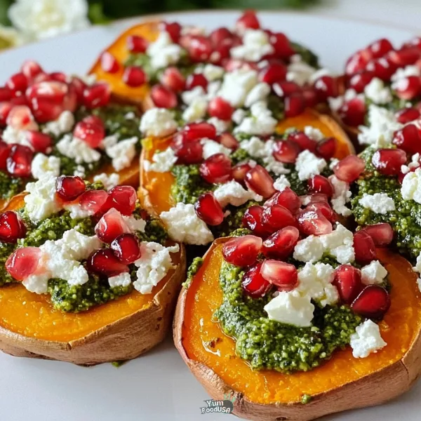 Roasted Sweet Potatoes with Basil Pesto, Feta, and Pomegranate