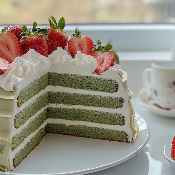 Matcha Strawberry Mille Crêpe Cake
