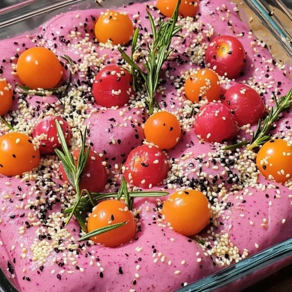 Pink Beet Focaccia with Cherry Tomatoes and Rosemary