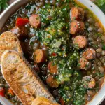 Red Pepper Lentils with Sausages & Salsa Verde Crumb