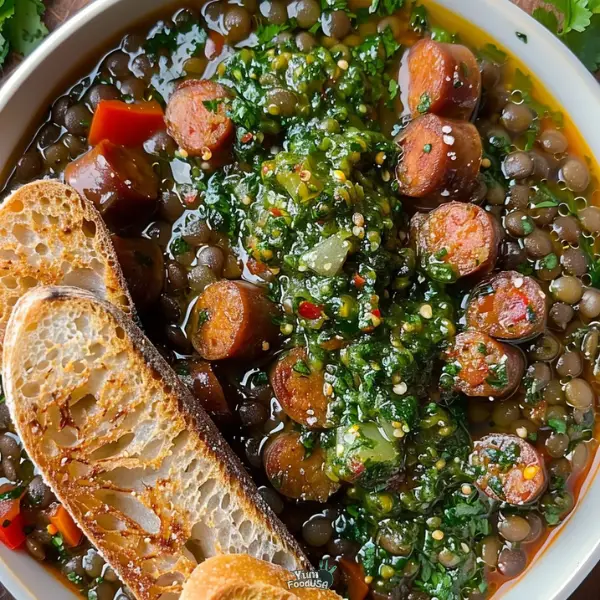 Red Pepper Lentils with Sausages & Salsa Verde Crumb