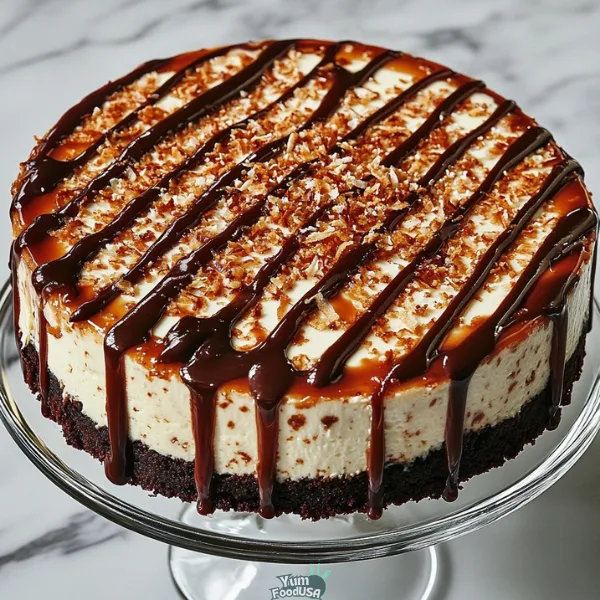 Samoa Cheesecake with Chocolate Crust and Caramel Coconut Topping