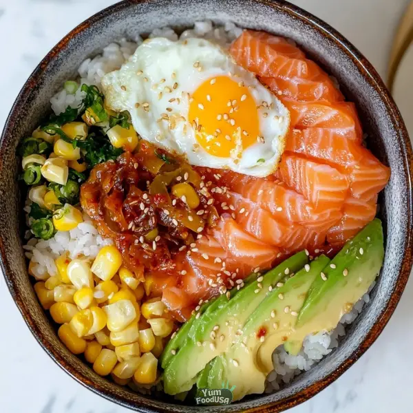 Salmon Sashimi Rice Bowl with Avocado and Kimchi