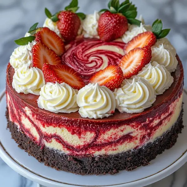 Strawberry Swirl Cheesecake with Red Velvet Base