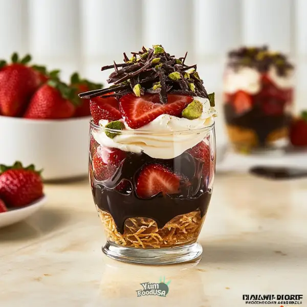 Dubai Strawberry Cups with Pistachio Cream and Chocolate Ganache