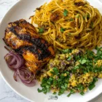 Grilled Chicken with Sweet Onions and Jollof Spaghetti