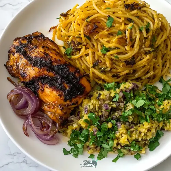 Grilled Chicken with Sweet Onions and Jollof Spaghetti