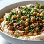 Syrian Hummus with Spiced Meat and Pine Nuts