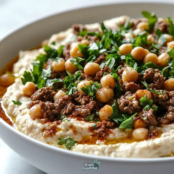 Syrian Hummus with Spiced Meat and Pine Nuts