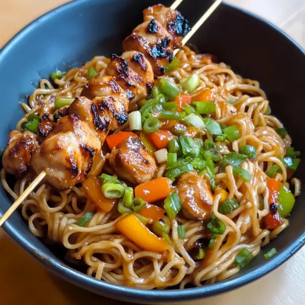Canton Noodles with Chicken Skewers