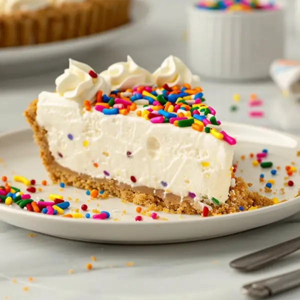 Birthday Cheesecake with Whipped Cream and Sprinkles