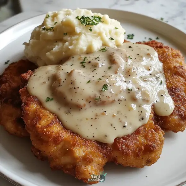 Country Fried Pork Chops with Garlic Cauliflower Mash and Pepper Gravy