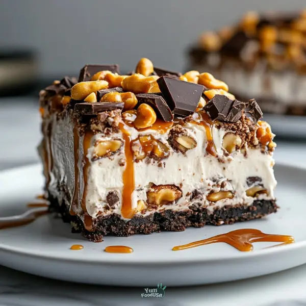 No-Bake Turtle Dessert with Oreo Crust and Caramel Pudding