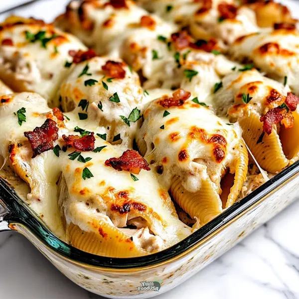 Chicken Alfredo Stuffed Shells with Bacon and Mozzarella