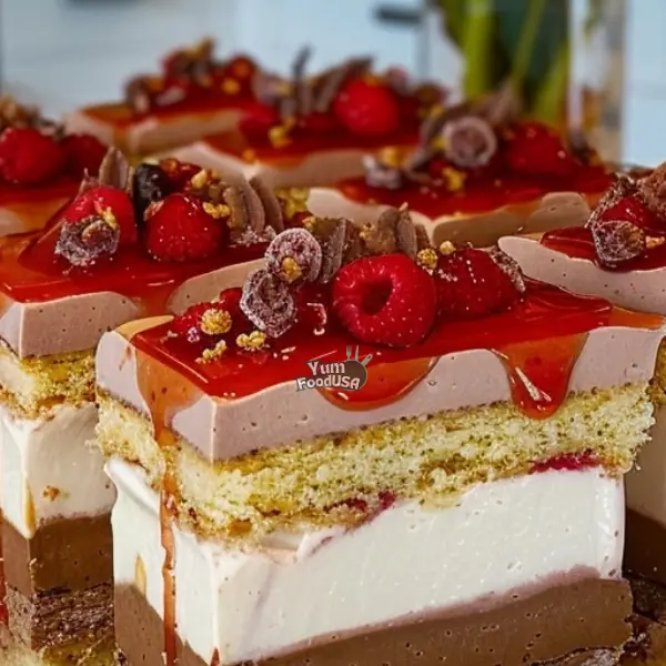 Almond Sponge Cake with Chocolate and Vanilla Mousse & Strawberry Glaze