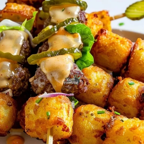 Mini Burger Skewers with Tater Tot Buns