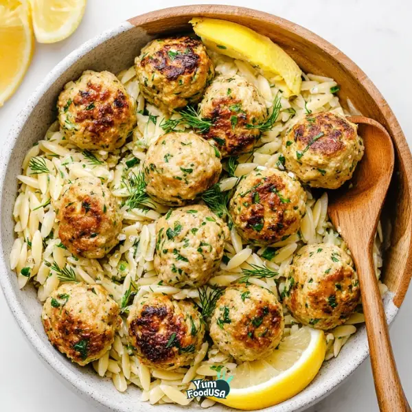 Lemon Herb Chicken Meatballs with Orzo