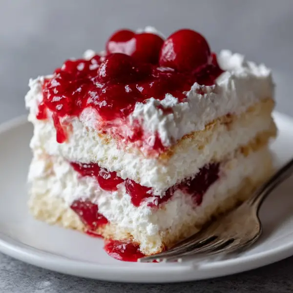 Cherries in the Snow (No-Bake Angel Cake Dessert)