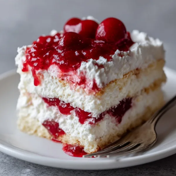 Cherries in the Snow (No-Bake Angel Cake Dessert)