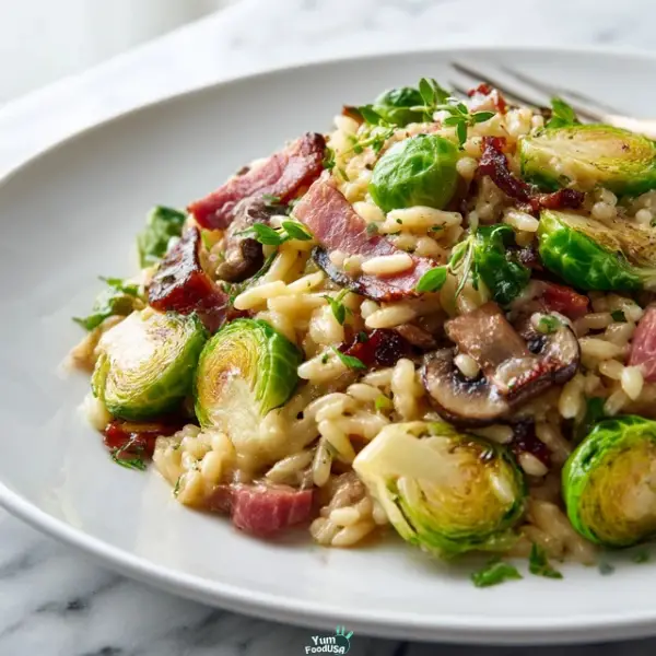 Loaded Risotto-Style Orzo with Brussels Sprouts & Pastrami
