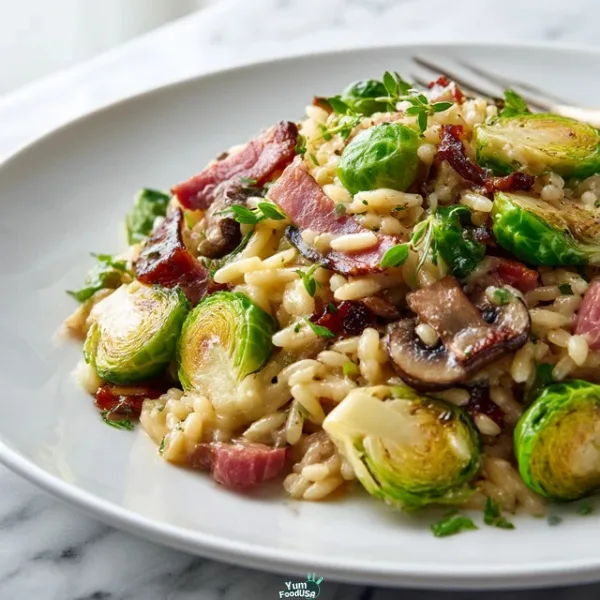 Loaded Risotto-Style Orzo with Brussels Sprouts & Pastrami