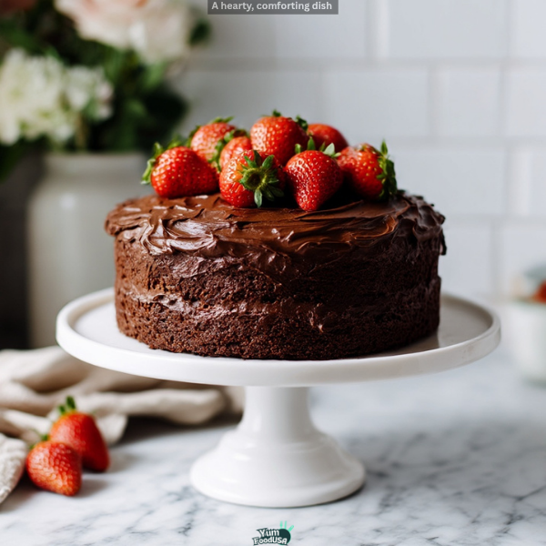 Classic Thunder Cake with Strawberries and Chocolate Frosting