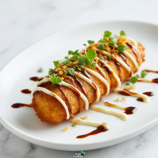 Korean Corn Dog with Gochujang Honey Ketchup, American Mustard, Crispy Shallots and Furikake