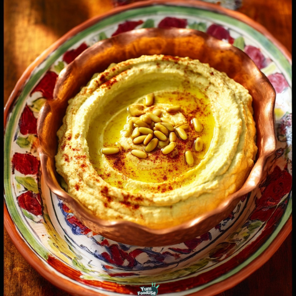 Loaded Layered Hummus Dip with Spiced Beef and Pine Nuts