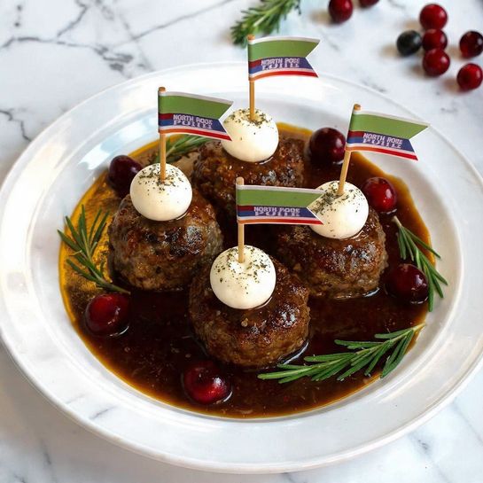 “North Pole” Meatball Skewers