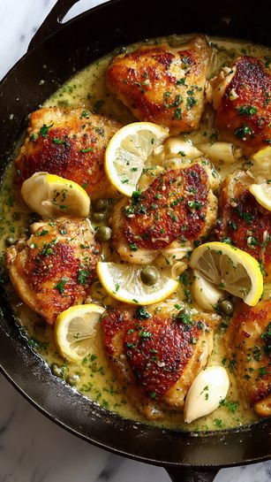 Creamy Lemon Garlic Chicken Thighs with Capers - Recipe Image
