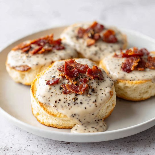 Crispy Bacon Sausage Gravy Chaos Biscuits 4 Crispy Bacon Sausage Gravy Chaos Biscuits - Recipe Image