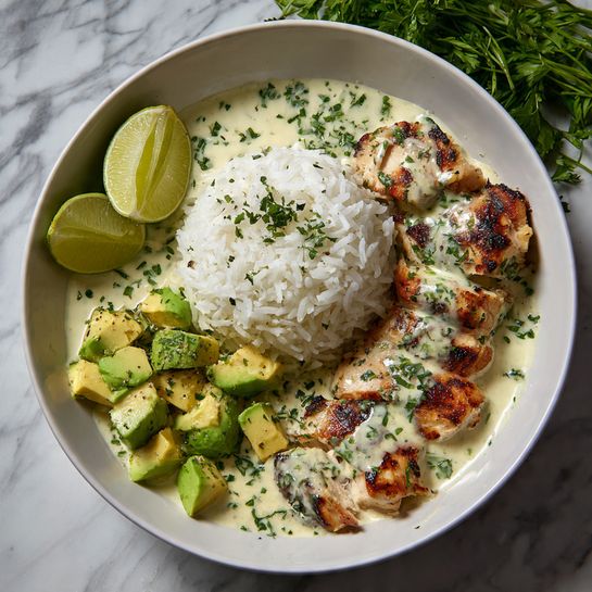 Zesty Cilantro Lime Chicken with Creamy Avocado and Fluffy Jasmine Rice Delight - Recipe Image