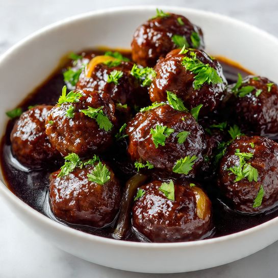 Crockpot French Onion Meatballs 5 A white plate holds a round pile of dark brown meatballs coated in a shiny, rich brown sauce with small pieces of translucent cooked onion scattered around. At the center back of the plate, there is a small mound of light cream-colored pasta strands mixed with green herbs, adding contrast to the darker meatballs around it. The plate sits on a soft beige cloth over a white marbled surface. Photo taken with an iphone --ar 4:5 --v 7