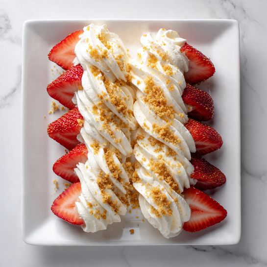 The image shows several strawberry halves arranged on a wooden surface, each topped with a swirl of white cream and sprinkled with light brown crumbs. The strawberries are bright red with a juicy texture and a slight shine, forming a triangular shape. The cream is creamy and fluffy, sitting in the center of each strawberry half with a textured, star-like pattern. Small crumbs of what looks like crushed biscuits are scattered on and around the cream, adding a contrasting rough texture. The wooden surface beneath the strawberries adds a natural, warm tone to the image. photo taken with an iphone --ar 4:5 --v 7