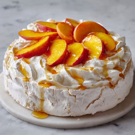 Peach Pavlova with Honey Drizzle - Recipe Image