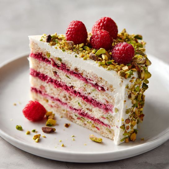 Pistachio Raspberry Cake (Moist Layer Cake with Buttercream & Jam) 5 A two-layer round cake with greenish-yellow sponge layers, filled in between with a thick layer of red raspberry jam and green cream. The top layer is covered with a thick, fluffy light green cream spread unevenly. It is topped with whole fresh raspberries, chopped green pistachios, and some small green mint leaves. A small piece of cake is missing from the side, showing the jam and cream filling inside. The cake sits on a white textured plate, placed on a white marbled surface, with a few crumbs and dollops of jam around it. Photo taken with an iphone --ar 4:5 --v 7