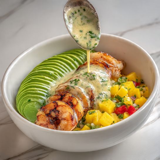 Shrimp and Avocado Bowls with Mango Salsa & Lime-Chili Sauce