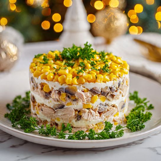 Russian-Style Layered Chicken Salad with Pineapple