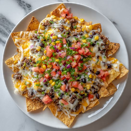 A large silver baking tray filled with three layers of light yellow tortilla chips as the base. Scattered evenly on top of the chips are dark brown cooked ground meat, black beans, small diced red tomato pieces, yellow corn kernels, and finely chopped green herbs. Over the whole tray, melted golden-orange and white shredded cheese is spread, blending with the toppings. The tray is set on a white marbled surface with blurred green herbs and a red tomato in the background. Photo taken with an iphone --ar 4:5 --v 7