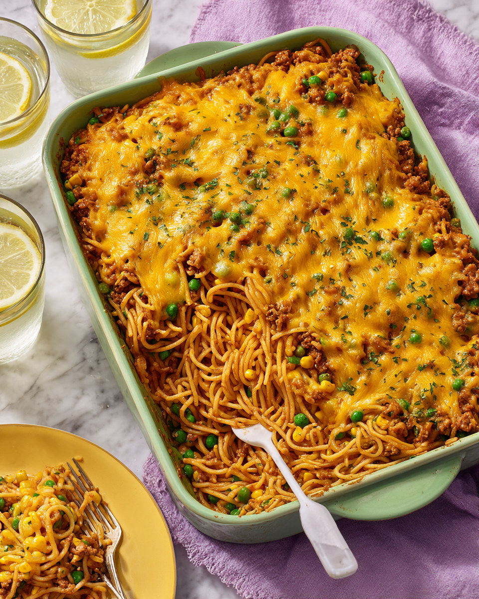 Church Supper Spaghetti Casserole (Cheesy Ground Beef Pasta Bake) - Recipe Image