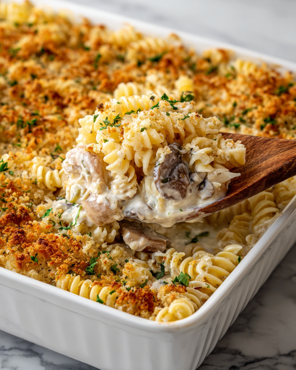 Creamy Church Chicken Noodle Casserole with Ritz Cracker Topping - Recipe Image