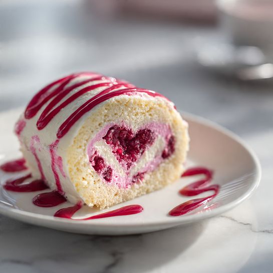 White Chocolate Raspberry Heart Roll Cake - Recipe Image