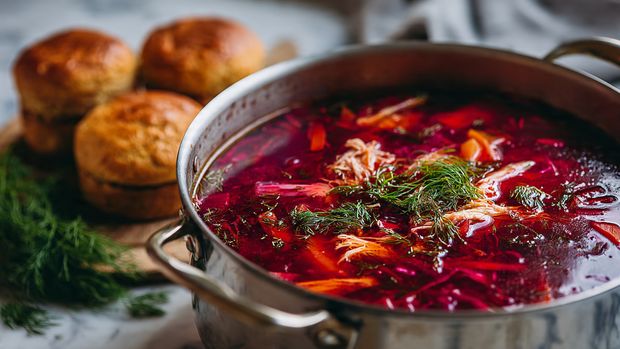 Cozy Chicken Borshch + Carrot Buns - Recipe Image