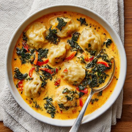 Thai Red Curry Dumpling Soup with Coconut Milk