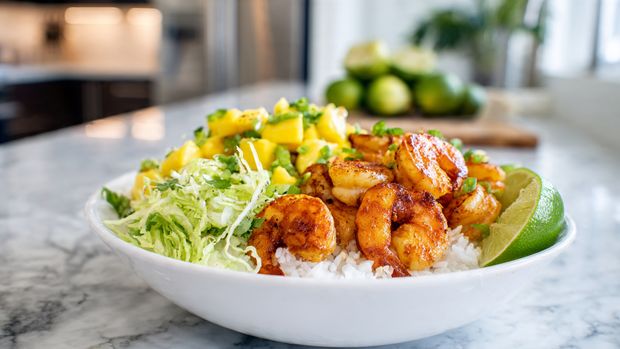 Chili Lime Shrimp Bowls with Mango Avocado Salsa