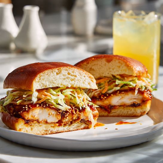 Korean BBQ Chicken Sandwich – Gochujang Marinade + Creamy Crunchy Cabbage Slaw - Recipe Image