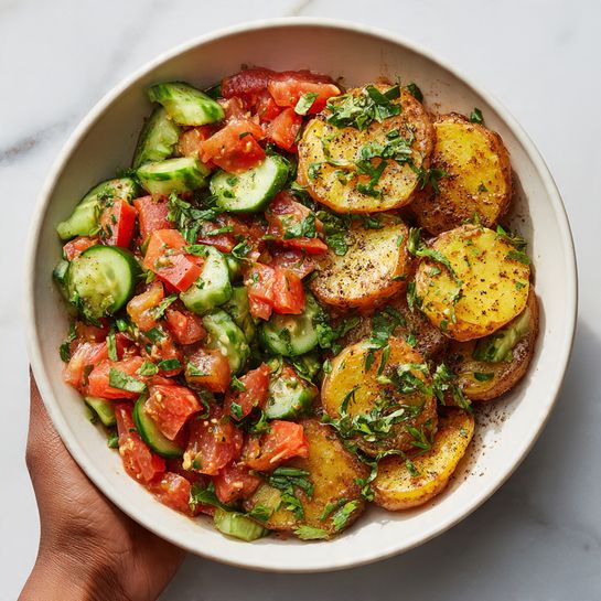 Turkish Potato Salad with Tomato, Cucumber, Herbs and Sumac